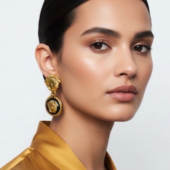 Versace Medusa Drop Gold and Black Enameled Clip-On Earrings - Picture 3 of 5